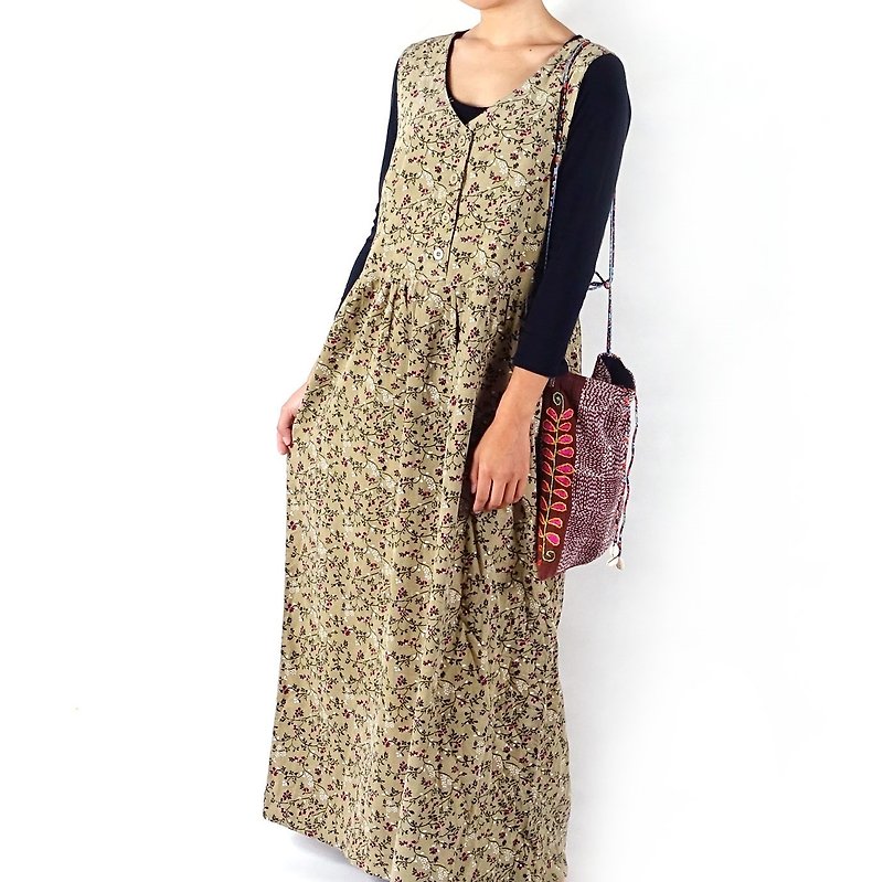 BajuTua / vintage / Autumn Flower khaki cotton sleeveless velvet dress - One Piece Dresses - Cotton & Hemp Khaki