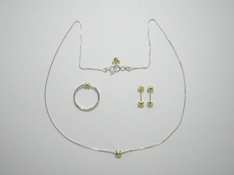 miaow icon 3-piece set K18 gold and sterling silver ( 貓 猫 金 銀 戒指 指环 項鍊 颈链 耳釘 耳钉) - 其他 - 貴金屬 金色