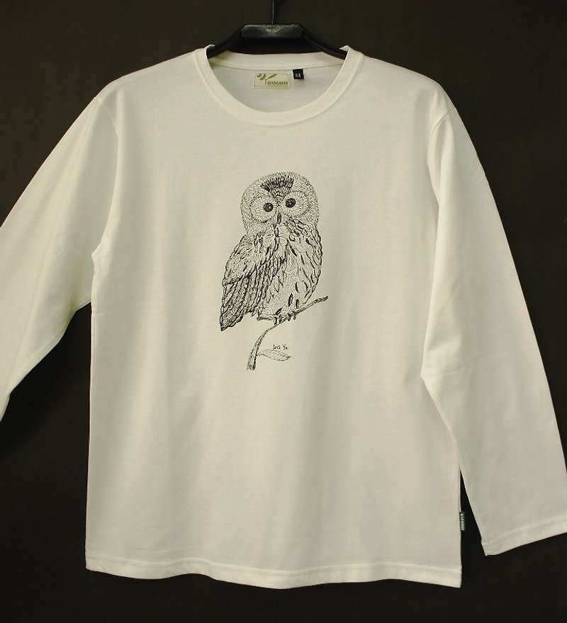 Yelu Organic Cotton [Owl] Unisex Long Sleeve - เสื้อยืดผู้ชาย - ผ้าฝ้าย/ผ้าลินิน ขาว