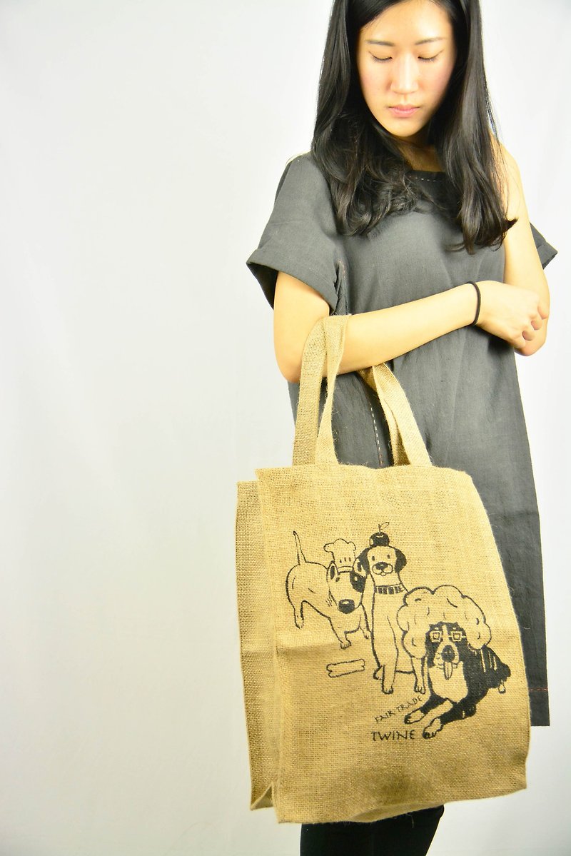 Jute shopping bag _ puppy chef party _ fair trade - Handbags & Totes - Cotton & Hemp Gold