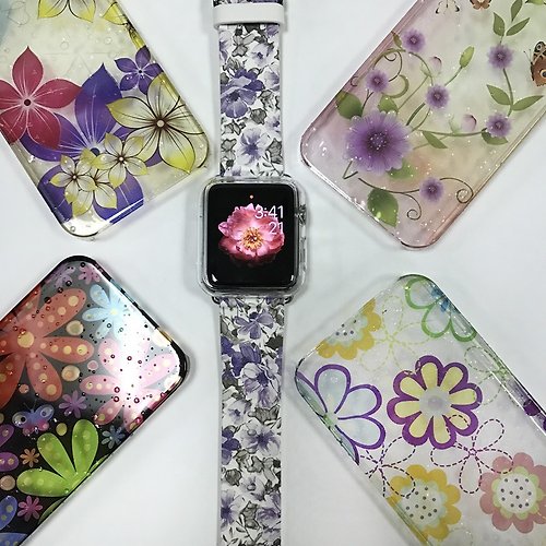 Freshion Apple Watch Series 1 , Series 2, Series 3 - Apple Watch 真皮手錶帶，適用於Apple Watch 及 Apple Watch Sport - Freshion 香港原創設計師品牌 - 紫色碎花花紋 cr10