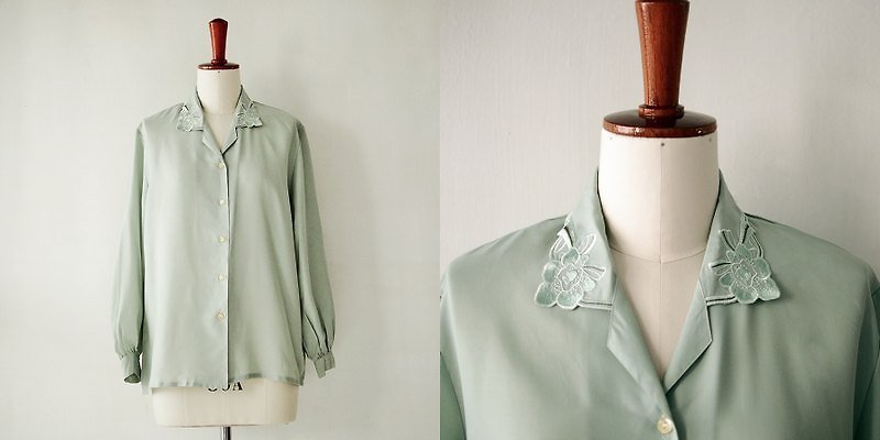 Banana Flyin' 日本復古著 高質感 衣領刺繡小花 風琴 淡綠色 長袖襯衫 - Women's Shirts - Other Materials Green