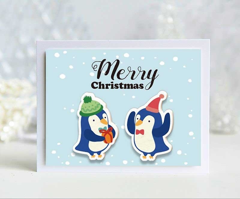 3メリークリスマスクリスマス田岡/クリスマス/英語手作りのカードの上にペンギン - カード・はがき - 紙 ホワイト