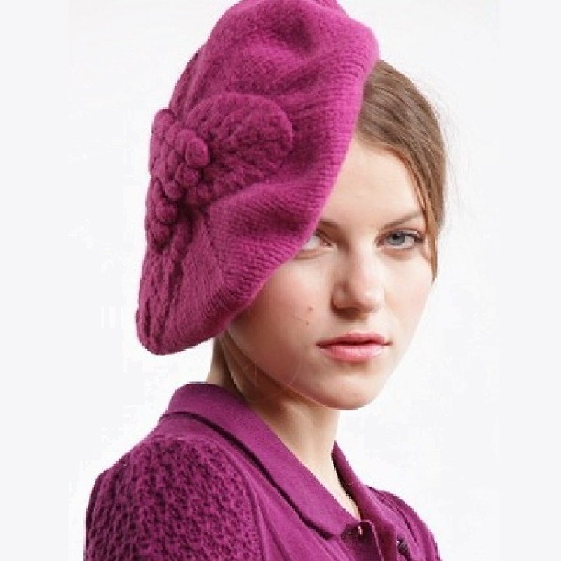 英國Lowie/稚嫩羊毛葉子花紋貝雷帽-紫色 - 帽子 - 羊毛 紫色