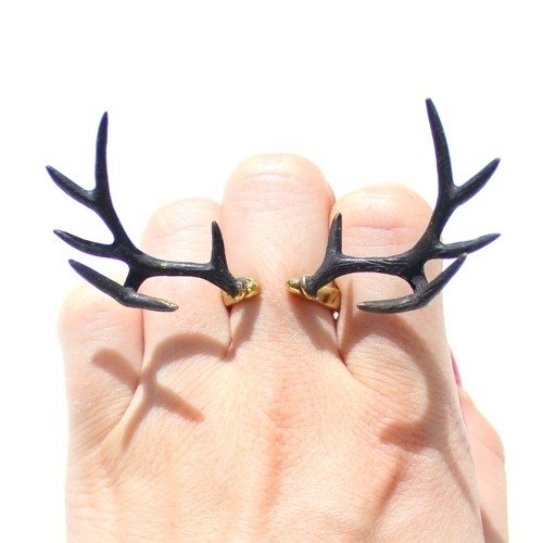 Stag horn ring in brass  with oxidized antique  color ,Rocker jewelry ,Skull jewelry,Biker jewelry