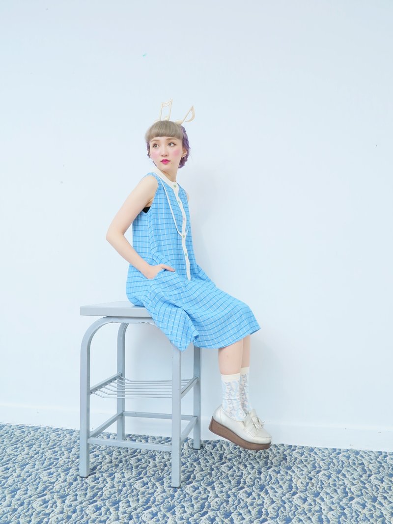 ｛Little Treasure｝淺藍格子無袖One-piece - 洋裝/連身裙 - 其他材質 藍色