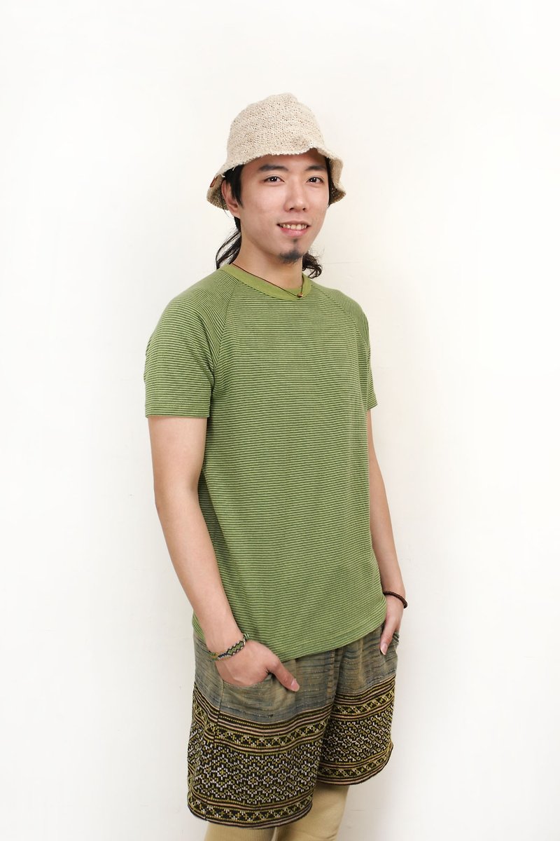 Ahope hemp條紋短T-綠條紋 - Tシャツ - コットン・麻 グリーン