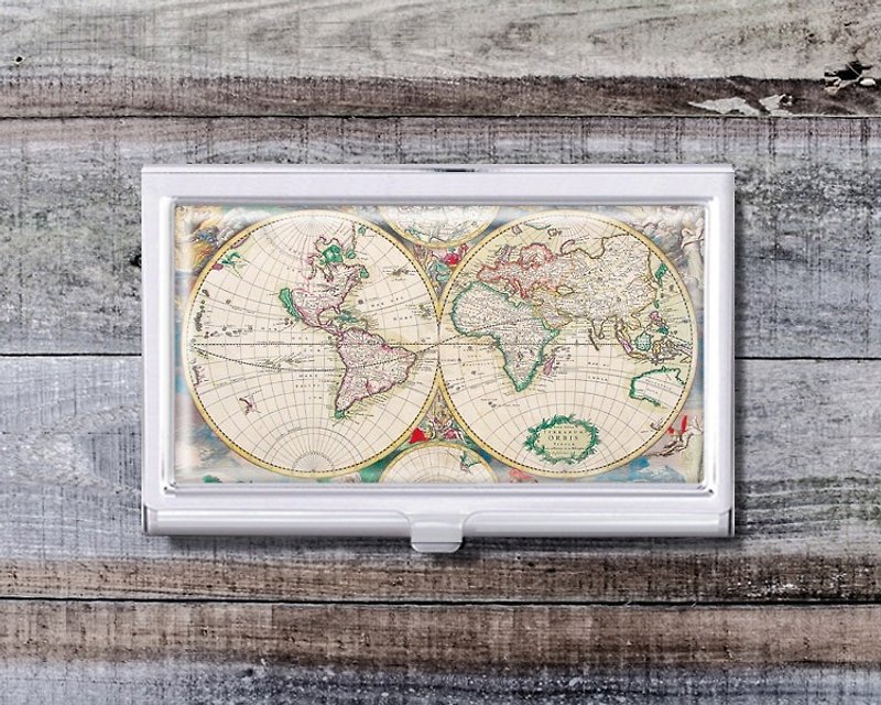 World Map-Business Card Holder/Business Card Case/Office Worker Accessories【Special U Design】 - Card Holders & Cases - Other Metals Khaki