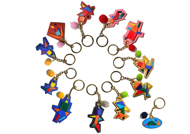 彩色拼盤角色 限量手工皮革鑰匙圈 - 鑰匙圈/鑰匙包 - 真皮 多色