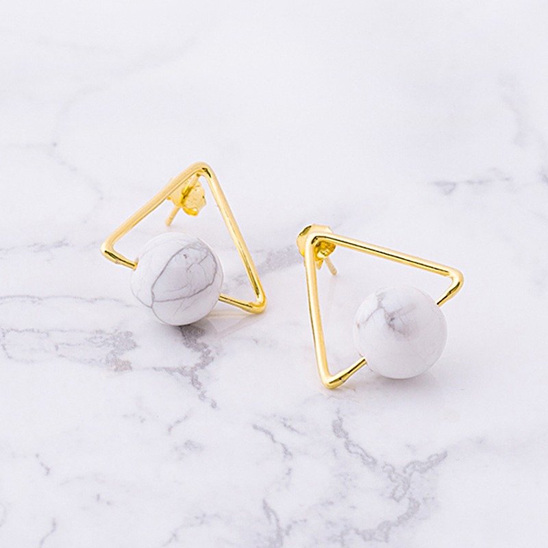 ESCA • Planet Series THE MOON Marble White Turquoise Triangle Sterling Silver Stud Earrings (Gold) - Earrings & Clip-ons - Gemstone Gold