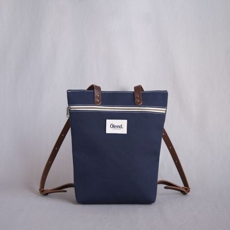 [西班牙手工製作] Ölend Mapa 帆布|牛皮|拼接|拉鏈 後背包 (Navy 深藍色) - 後背包/書包 - 其他材質 藍色
