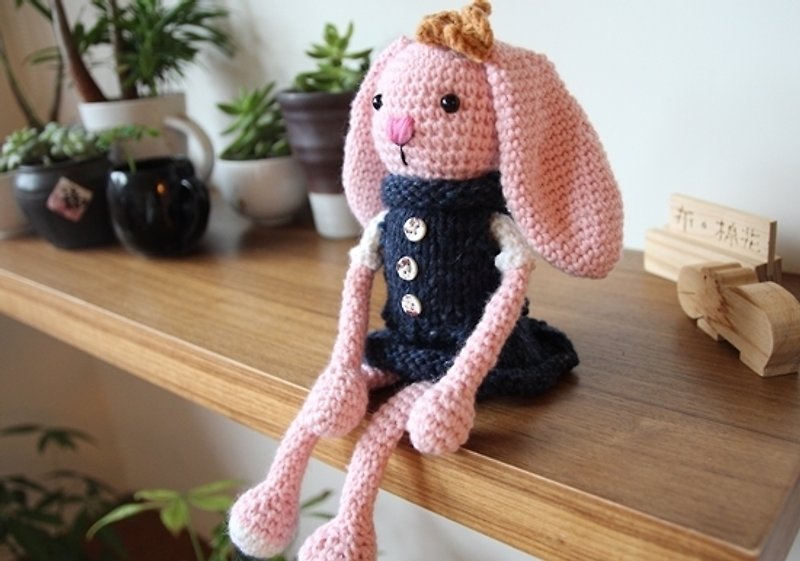 Hanging ear rabbit, pink rabbit, Knitting blue dress skirt - ตุ๊กตา - วัสดุอื่นๆ สึชมพู