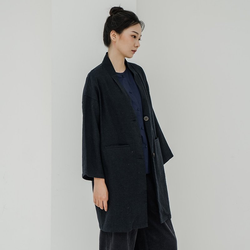 BUFU unisex loose  linen coat  O140810 - เสื้อแจ็คเก็ต - ผ้าฝ้าย/ผ้าลินิน สีน้ำเงิน