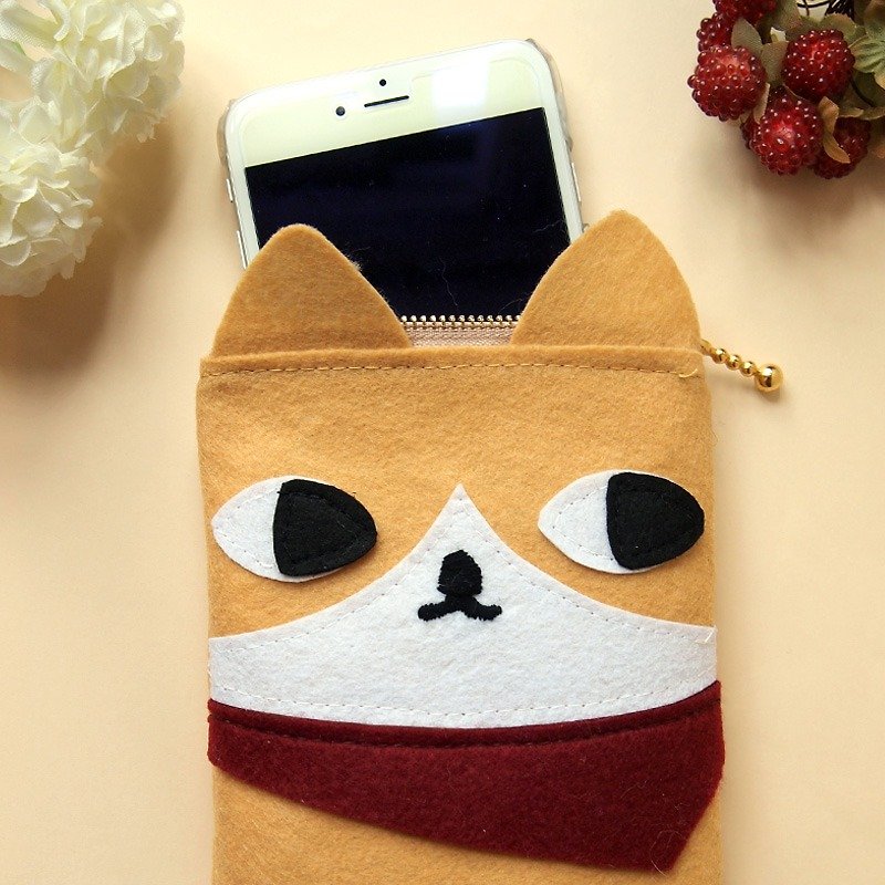 Meow hand-made red scarf orange cat phone bag / storage bag / cosmetic bag / pouch / Pencil / debris bag - กระเป๋าเครื่องสำอาง - วัสดุอื่นๆ สีทอง