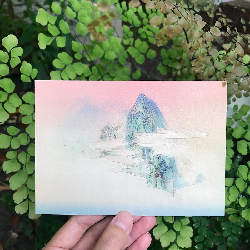 【山の雲の家／物語イラストポストカード】／風景／木の家／雲と霧 - カード・はがき - 紙 ピンク