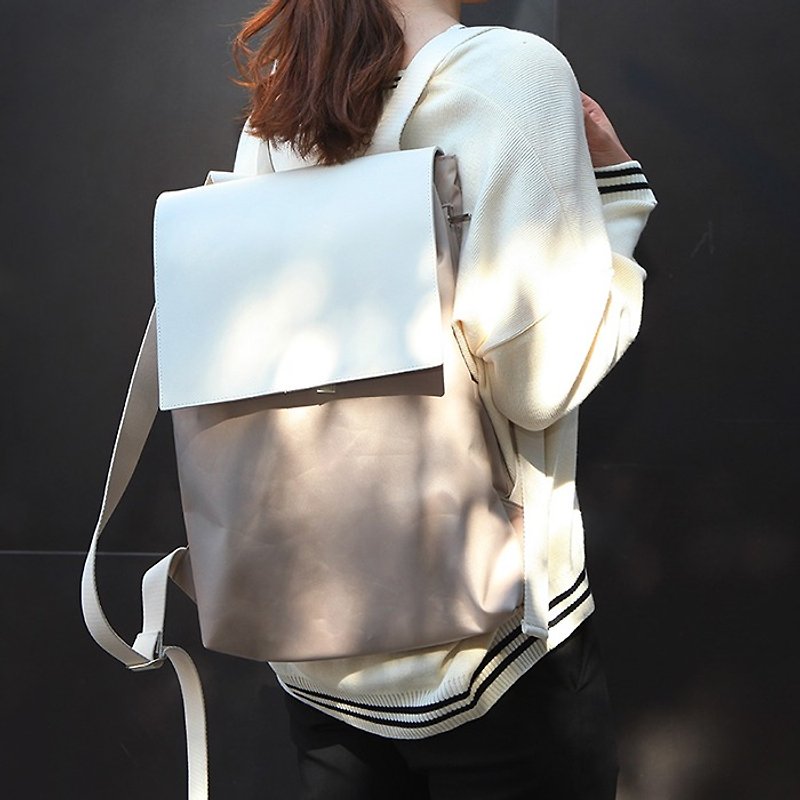 Korea ithinkso rear upright backpack double material mix LEATHER FLAP BACKPACK-BeigeWhite - กระเป๋าเป้สะพายหลัง - วัสดุอื่นๆ 