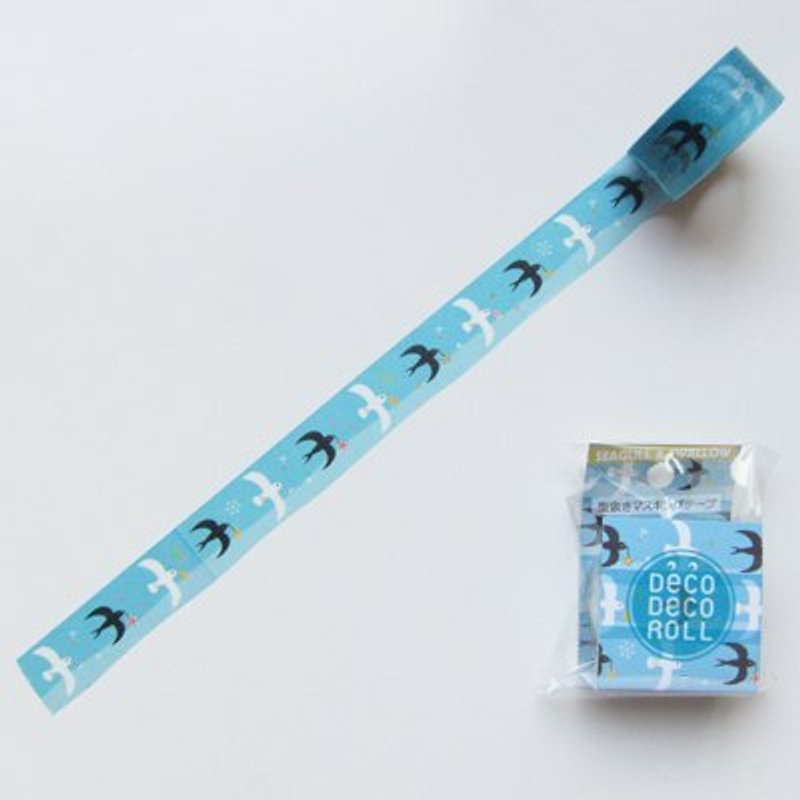 Asamidori Deco Deco Roll 去邊紙膠帶(AM-MK-010海鷗與燕子) - Washi Tape - Paper Blue