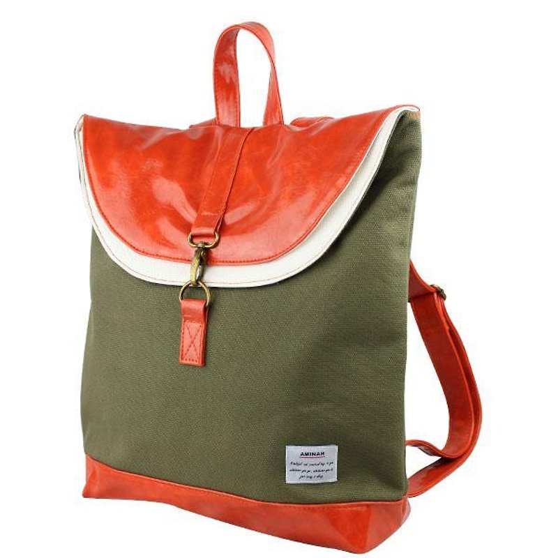 AMINAH-Olive Green Stacked Backpack【am-0273】 - กระเป๋าเป้สะพายหลัง - ผ้าฝ้าย/ผ้าลินิน สีเขียว