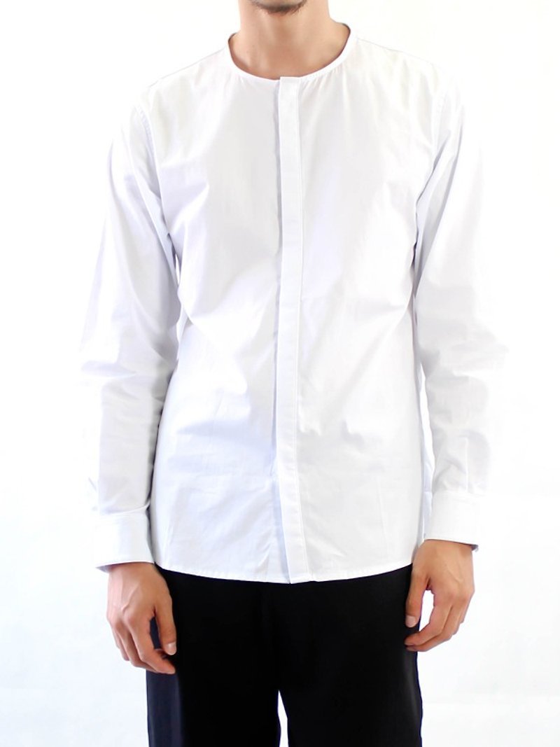 Chainloop collarless white shirt tailored fit shirt fashion basic models - เสื้อเชิ้ตผู้ชาย - ผ้าฝ้าย/ผ้าลินิน ขาว