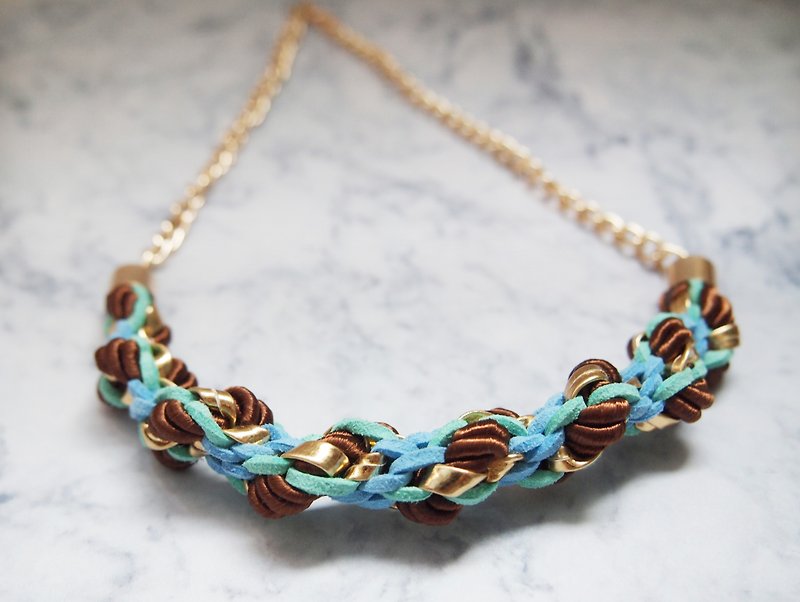 Just Knitting TN003 custom-made hand-woven lake blue with gold necklace ● Made in Hong Kong - Necklaces - Other Materials Blue