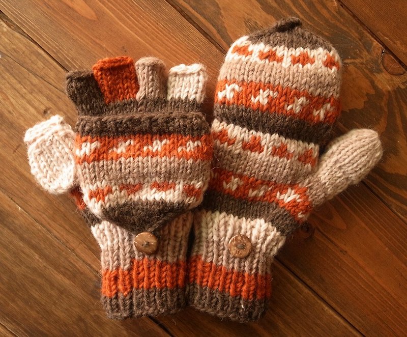 ウール手編み手袋シングルスレッドニット手編みコーヒー+オレンジは手の小さい方に適しています - 手袋 - ウール ブラウン