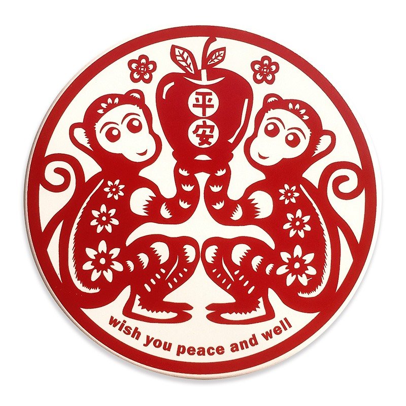 "Monkey Ping An" Ceramic Absorbent Coaster - ที่รองแก้ว - วัสดุอื่นๆ สีแดง