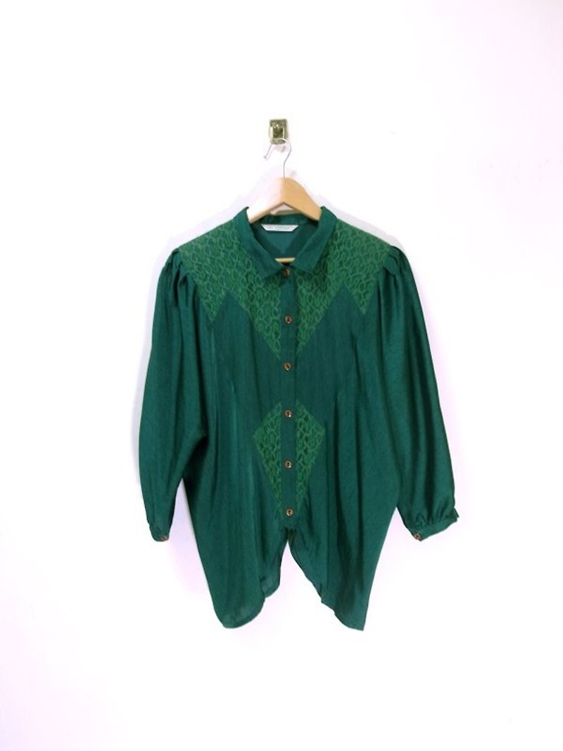 深草綠 蕾絲 燕尾襬 襯衫 日本古著 Bea:Mon - シャツ・ブラウス - その他の素材 グリーン