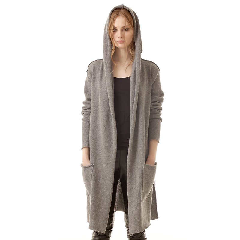 100% cashmere womens long open front wrap hooded cardigan sweater EDITH GREY - 女毛衣/針織衫 - 其他材質 灰色