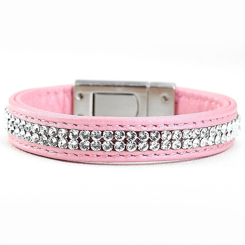 [Leather rope] S Swarovski double-row diamond leather leather collar ((send lettering)) - Collars & Leashes - Genuine Leather Pink