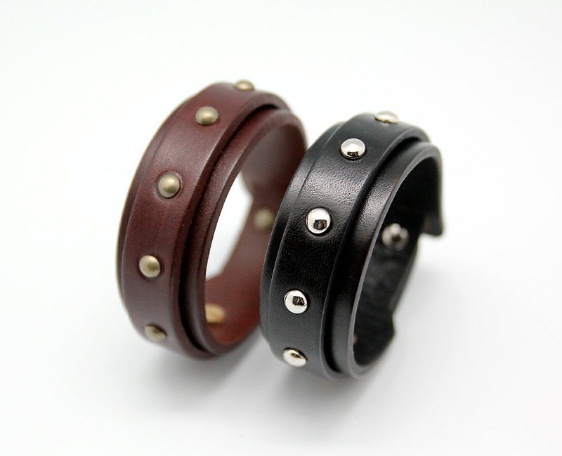Light Punk system - Double leather bracelet 2.5cm - สร้อยข้อมือ - หนังแท้ 