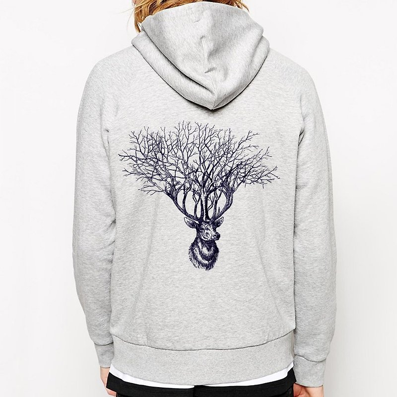 Deer Tree Zipper Hooded Jacket-Gray Deer Tree Natural Animal Environmental Protection Wen Qing Art Design Fashionable Fashion Simple Simple - Unisex Hoodies & T-Shirts - Other Materials Gray