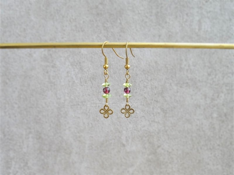 Garnet, Peridot, Brass Clover Dangle Earrings | Fruity Season - Earrings & Clip-ons - Semi-Precious Stones Green