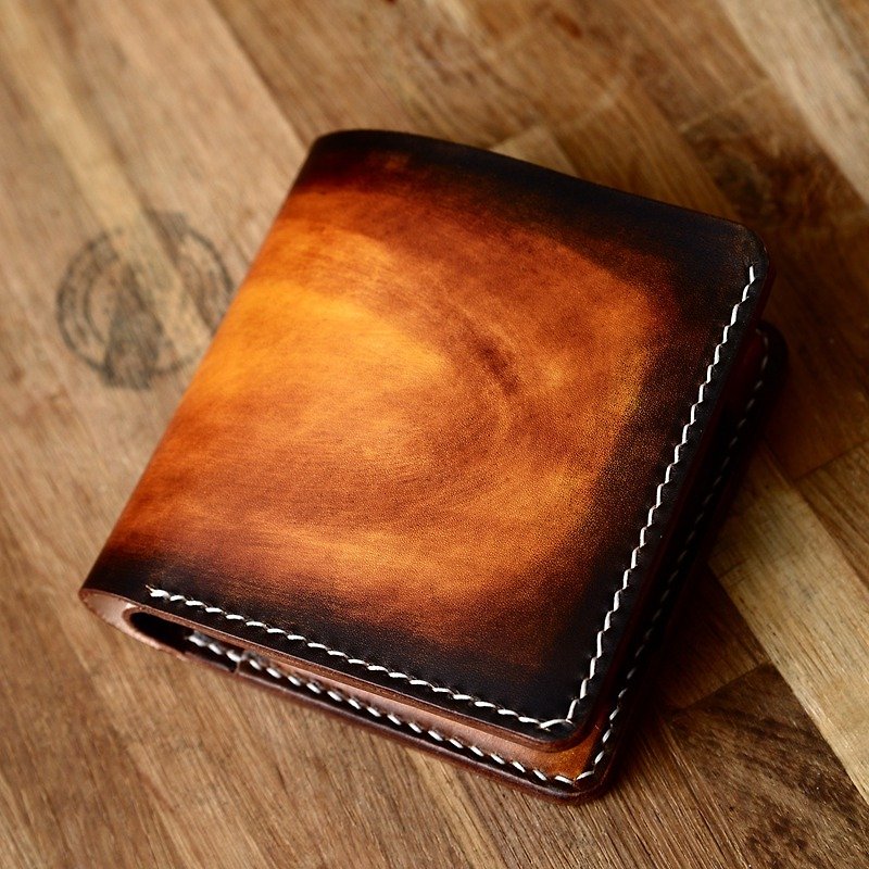 Italian handmade custom dyed sunset color vegetable tanned leather cowhide Japanese style two-fold small wallet wallet money cloth - กระเป๋าสตางค์ - หนังแท้ สีนำ้ตาล