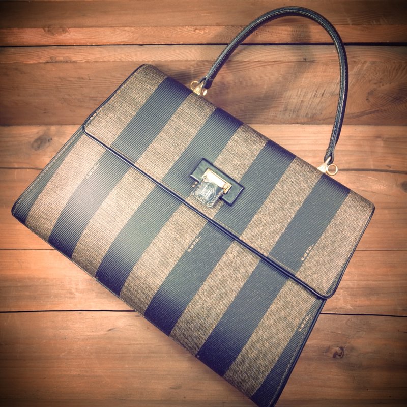 [Bones] classic striped x Early Fendi leather handbag Kelly bag genuine antique print bag Vintage - กระเป๋าถือ - หนังแท้ สีดำ