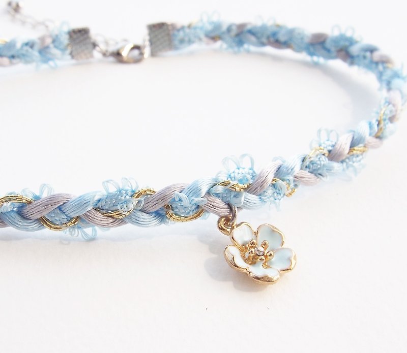 Light blue & light gray soft satin rope necklace / choker with blue flower charm - สร้อยคอ - วัสดุอื่นๆ สีน้ำเงิน
