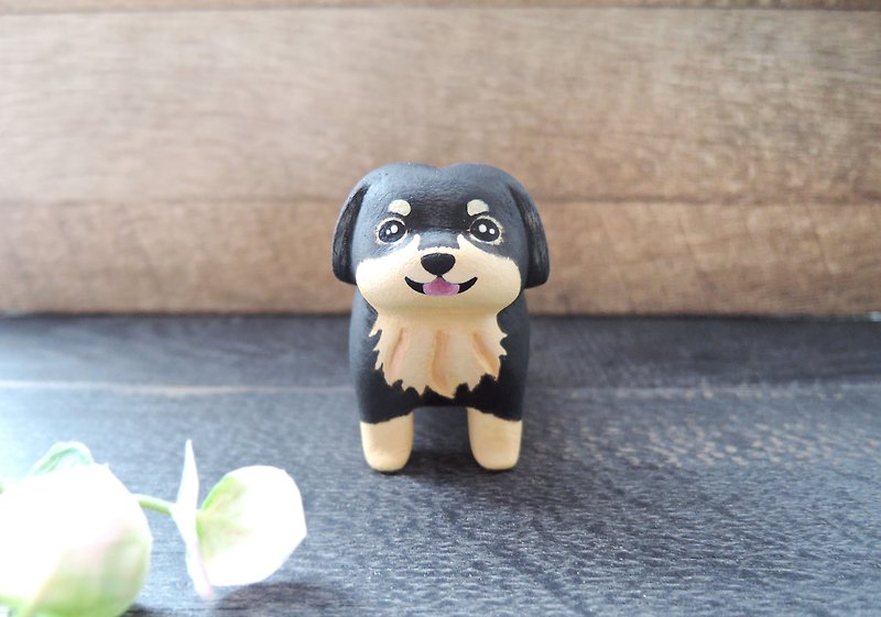 Good fun little dachshund ornaments doll handmade wooden healing small wood carving black- Brown long-haired dachshund dog - ตุ๊กตา - ไม้ สีดำ