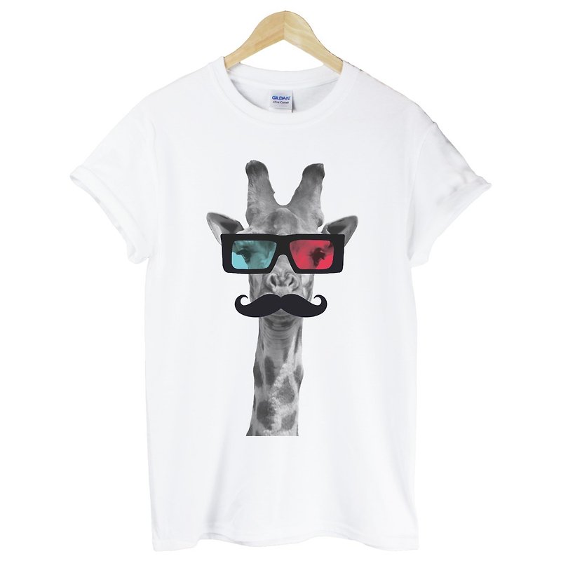 Giraffe-3D短袖T恤-白色 長頸鹿 3D眼鏡 鬍鬚 動物 文青 設計 - 男 T 恤 - 棉．麻 白色