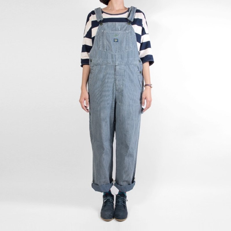 │moderato│ navy stripes retro pocket stitching denim jeans cut pants suspenders vintage / retro forest. Girlfriend. British retro - จัมพ์สูท - วัสดุอื่นๆ สีน้ำเงิน