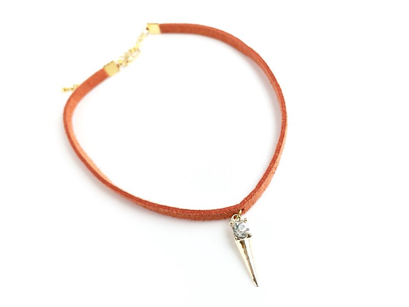 D nail golden diamond - orange suede necklace - สร้อยคอ - หนังแท้ สีส้ม