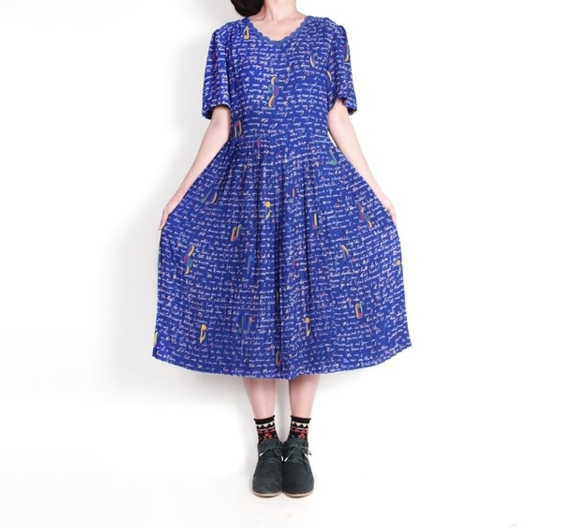 │moderato│ small handwritten note Waltz Pleated forest retro vintage dress │ - ชุดเดรส - วัสดุอื่นๆ สีน้ำเงิน