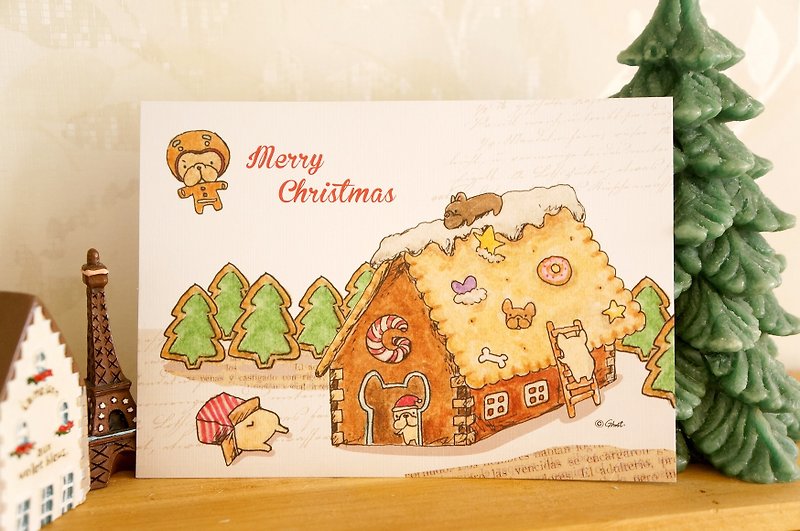 (SOLD OUT) Fighting gingerbread house - Christmas postcard - การ์ด/โปสการ์ด - กระดาษ สีกากี