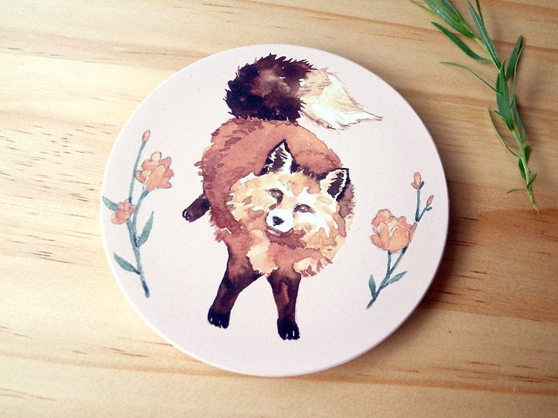 Round ceramic coaster for small animals/ Little fox/ - ที่รองแก้ว - วัสดุอื่นๆ สีส้ม