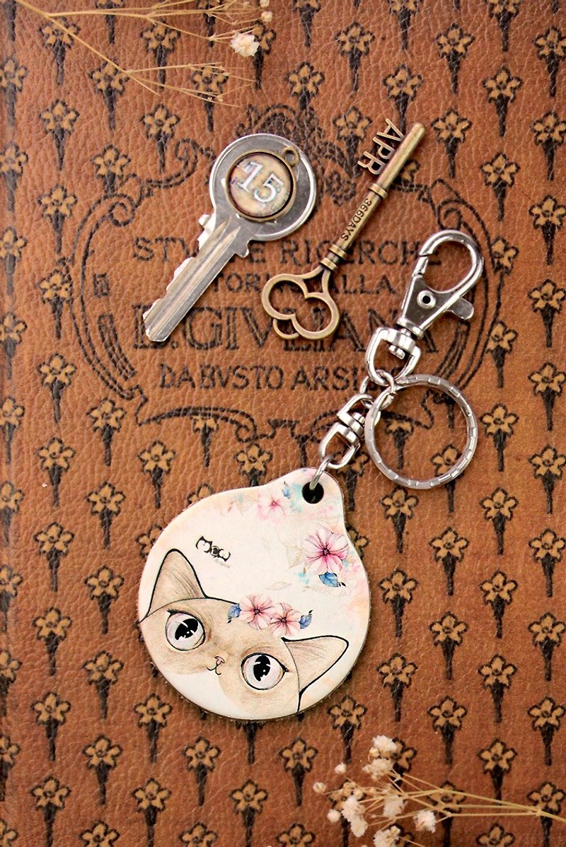 Good Meow vegetable-tanned leather key ring - flower cat - Keychains - Genuine Leather 