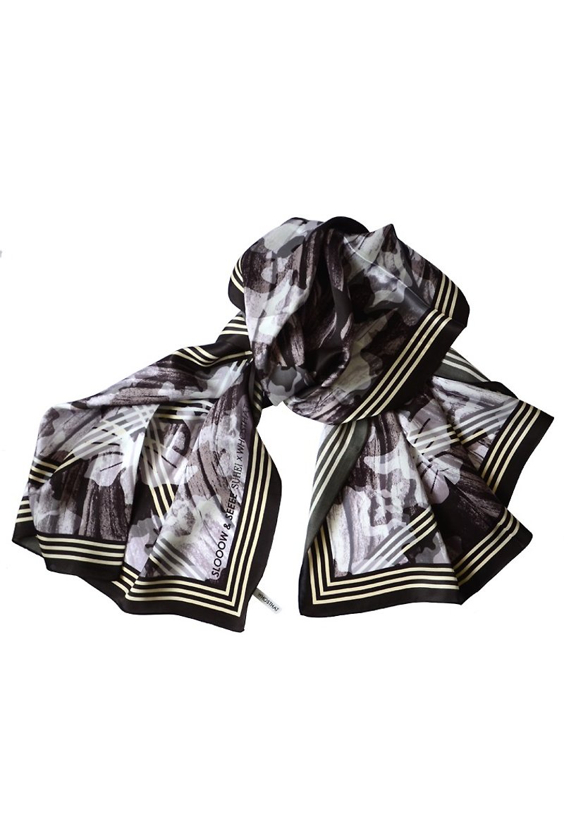 Original design printed pure silk satin scarf -Trees & Biological pattern - ผ้าพันคอ - ผ้าไหม สีดำ