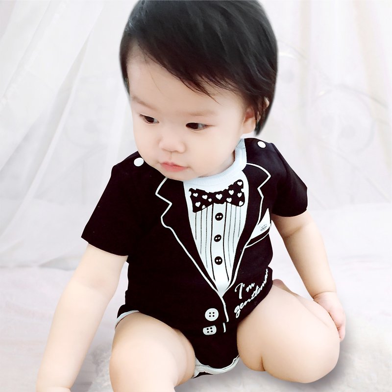 PUREST Little Gentleman Suit Black Short-sleeved Baby Newborn Ass Jumpsuit - Onesies - Cotton & Hemp Black