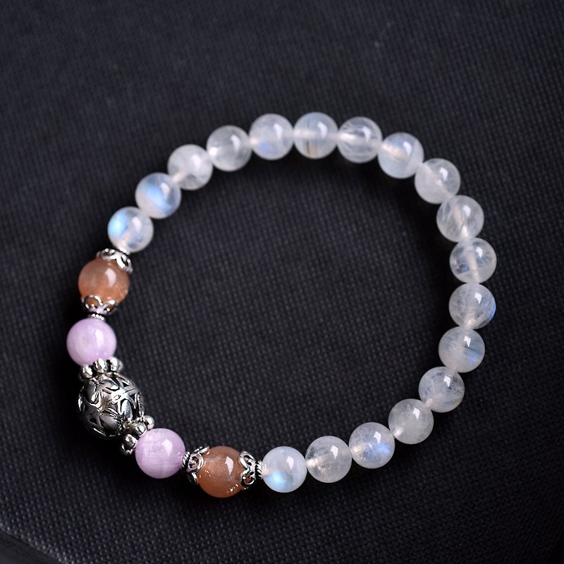 Clear Moonstone + Lithium + Tangerine Stone Sterling Silver Bracelet - สร้อยข้อมือ - เครื่องเพชรพลอย ขาว