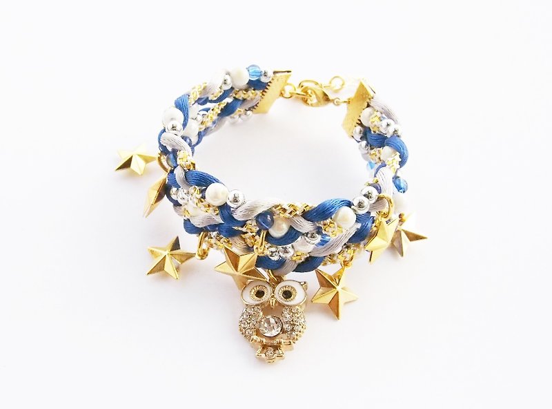 Owl blue bracelet with gold stars - Bracelets - Other Materials Blue