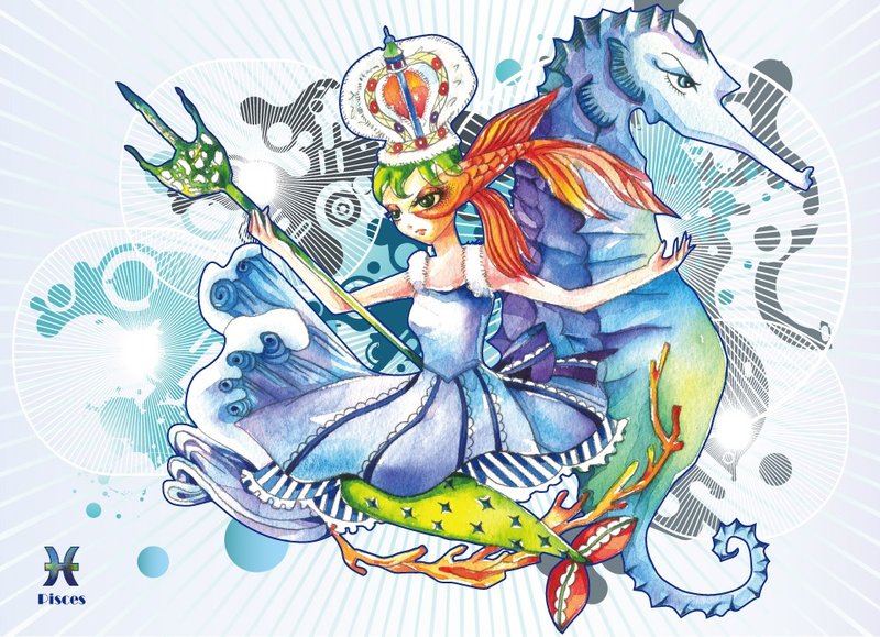 「十二星座-雙魚座」手繪插畫設計明信片 - 卡片/明信片 - 紙 藍色