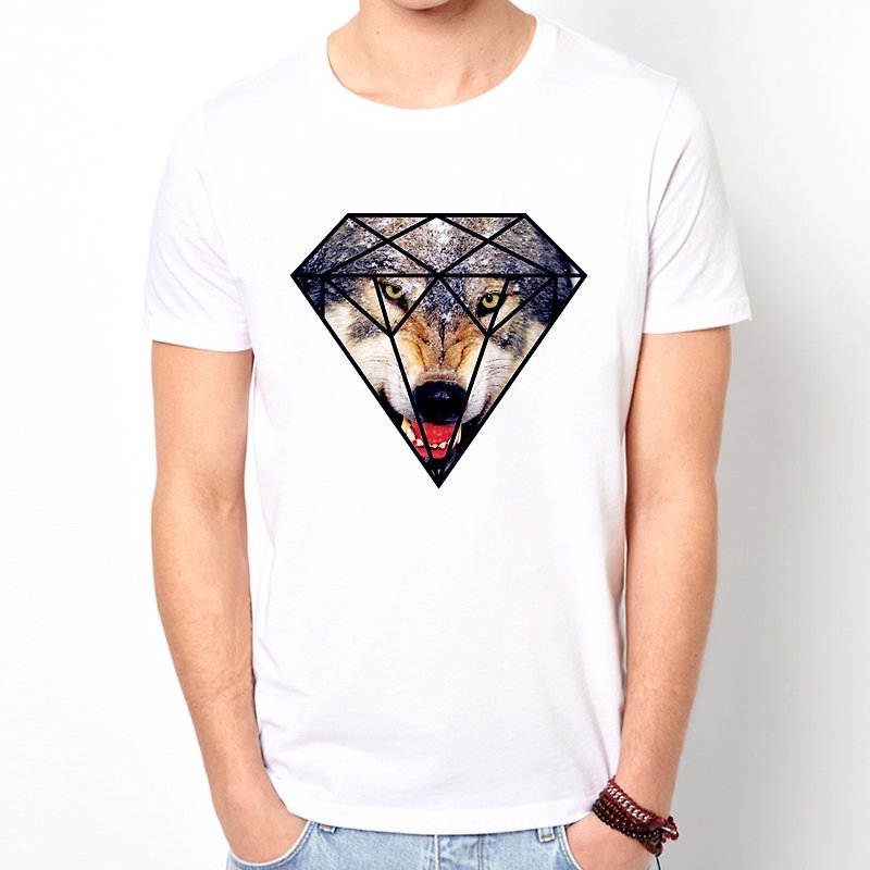 Wolf Diamond Short Sleeve T-Shirt-White Diamond Wolf Animal Design Photo - Men's T-Shirts & Tops - Other Materials White