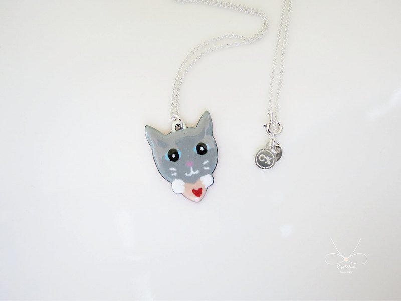 Talk love cat - grey cat (enamel necklace) - C percent handmade jewelry - Necklaces - Other Metals Gray